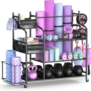 Mythinglogic Weight Rack for Dumbbells, Home Gym Storage for Yoga Mat Dumbbells Kettlebells and Strength Training Equipment, Dumbbell Rack with Wheels and Hanging Hooks
