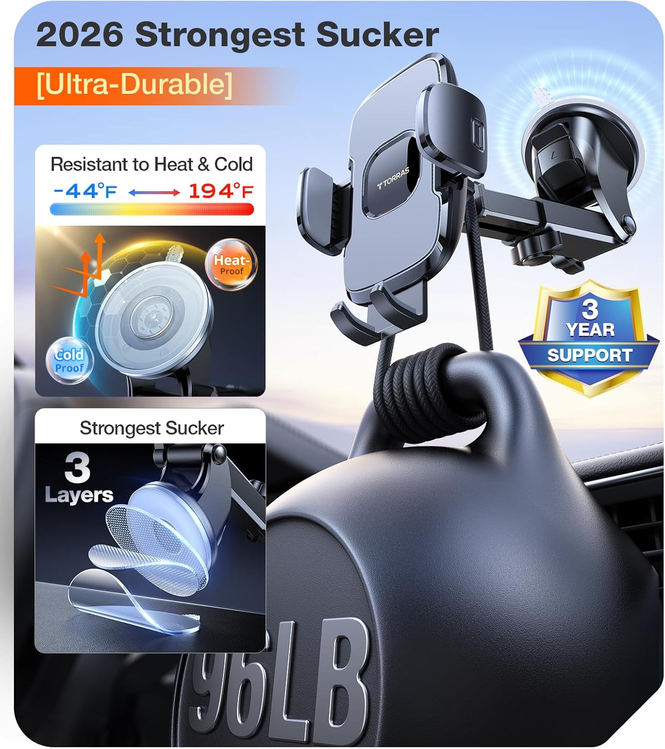 TORRAS Military-Grade Phone Holders for Your Car【96+LBS Strongest Suction】Car Phone Holder Mount, Ultra-Durable Cell Phone Car Mount Truck for Dashboard Windshield Vent for iPhone 17 16 15 Pro Max Air - Image 2