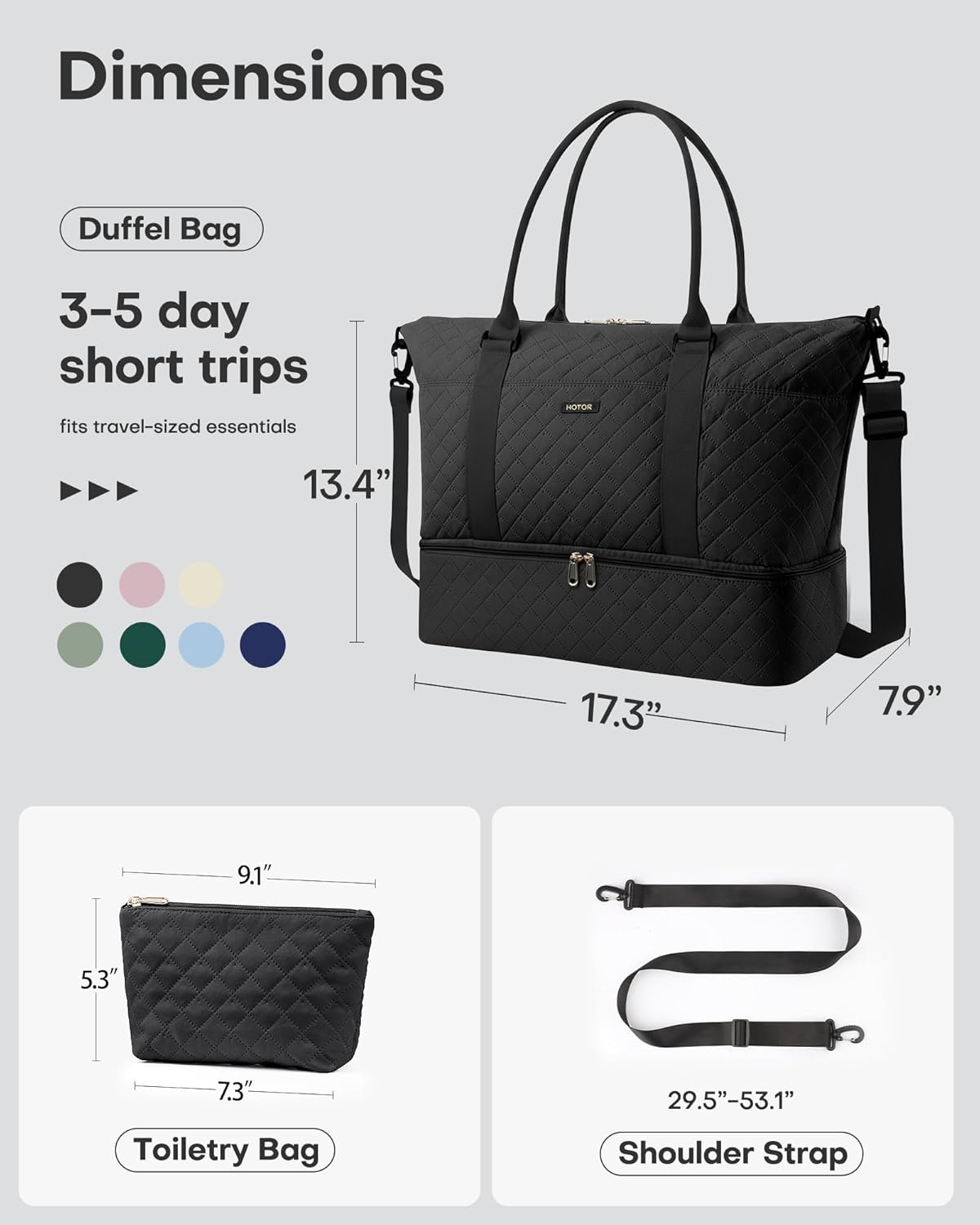 HOTOR Travel Duffel Bag - Weekender Bags for Women, Gym Tote Bags with Shoe Compartment, Carry On Overnight Bag with Toiletry Bag for Travel Essentials and Travel Accessories, Black, 13.4"×17.3"×7.9" - Image 3