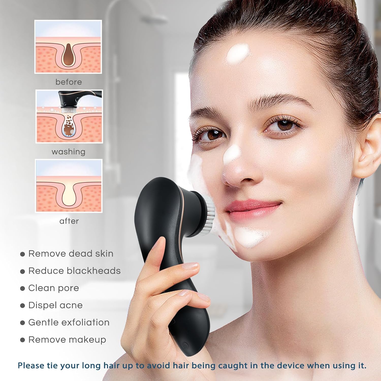 Facial Cleansing Brush, Electric Face Scrubber Rechargeable Exfoliator IPX-7 Waterproof Rotating Cleanser for Exfoliating, Massaging and Deep Cleansing for Women & Men with 4 Brush Heads Black - Image 5
