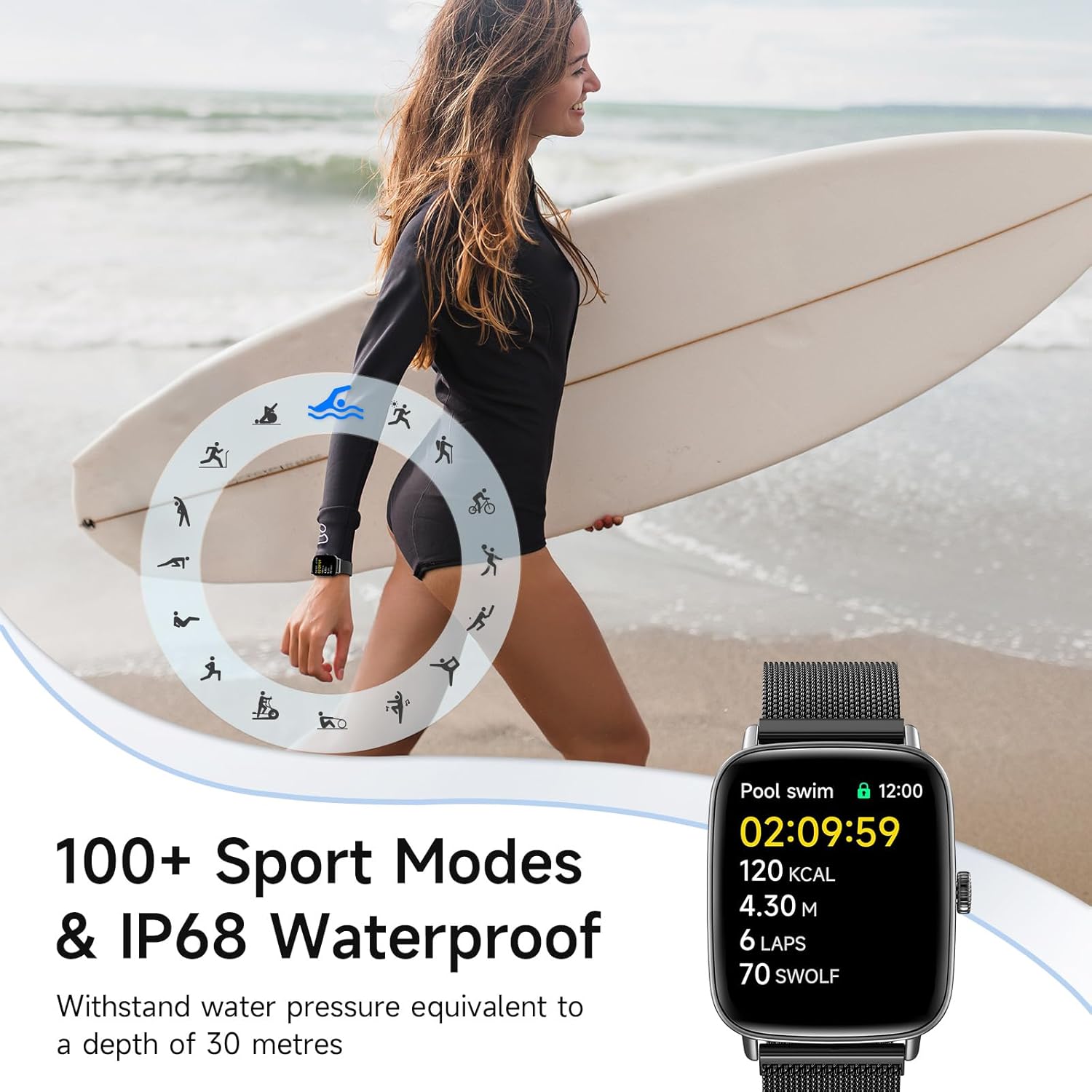 Smart Watch for Women, 1.85" HD Smartwatch Compatible iPhone/Samsung/Android (Answer/Make Calls), 100+ Sport Modes Fitness Tracker with Heart Rate/Sleep/SpO2 Monitor, IP68 Waterproof, Metal Band - Image 4