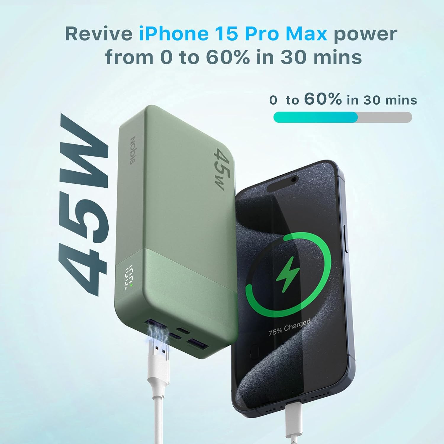 NOBIS Portable Charger, 20000mAh Power Bank, 45W Power Bank Fast Charging, Battery Pack with C to C Cable, Battery Bank with Digital Display for iPhone Android Laptop etc(Green) - Image 2
