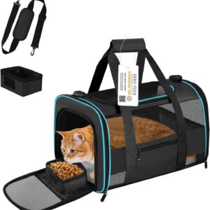 17″ Soft-Sided Pet Travel Carrier for Cats and Small Dogs, Airline – Approved, Travel Tote with Mesh Windows, Foldable Bowl, Shoulder Strap, Black
