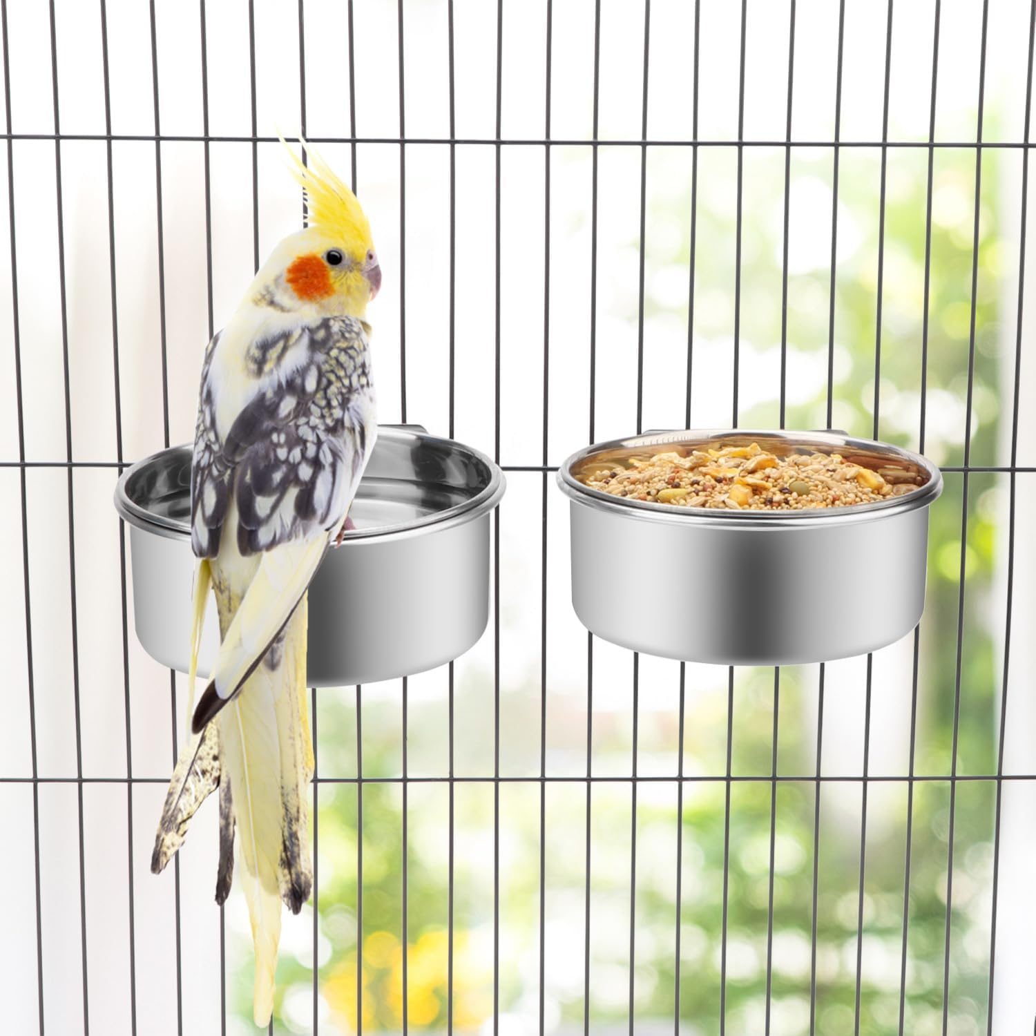 Wontee Pet Food Water Bowl with Clamp Holder Stainless Steel Feeding Cups Feeder for Dog Bird Parrot Cat Rabbit, 2 Packs (M) - Image 2