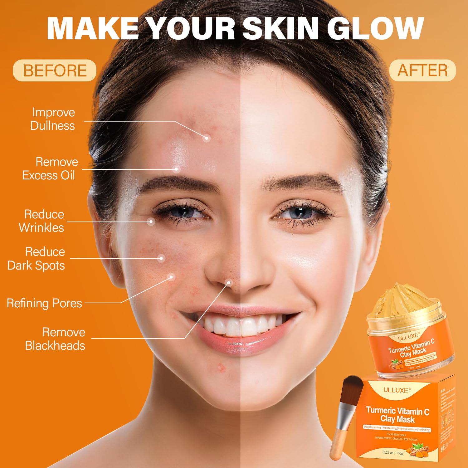 ulluxe Turmeric Vitamin C Clay Mask for Dark Spots, Dull Skin, Moisturizing, Skincare Facial Mask for Blackheads and Pores Cleansing, Improve Uneven Skin Tone, Face Skincare Gift, 5.29 oz - Image 3
