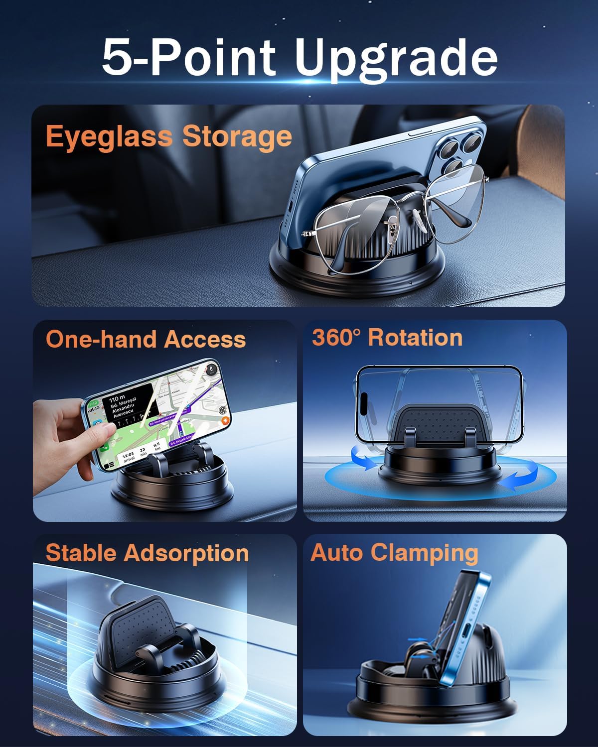 Dash Cell Phone Car Mount, Multifunctional Car Dashboard Mobile Phone Holder, 360 Rotatable Universal Dash Mounted Car Phone Stand Hands Free, Compatible with iPhone, Samsung, Google, Android - Image 3