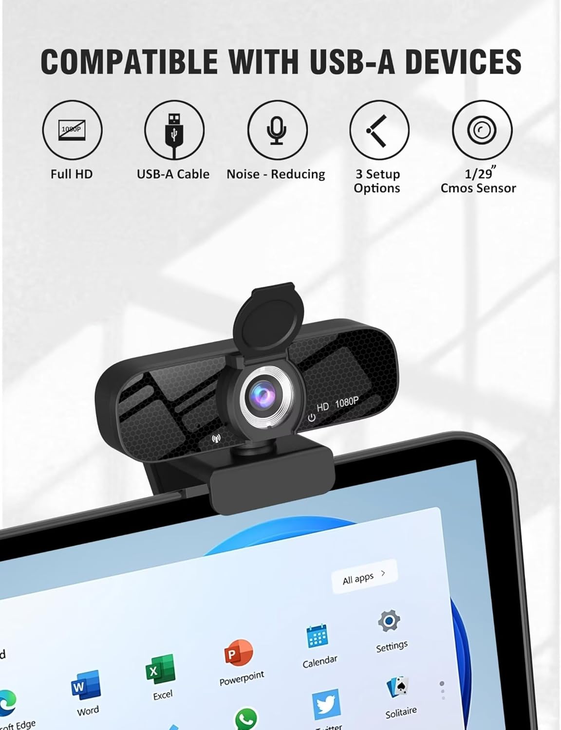 Tewiky Full HD Webcam with Built-in Microphone and Rotatable Tripod, 1080P Video and Wide Angle Camera, Privacy Cover, for Desktop PC or Laptop Computer - Image 6