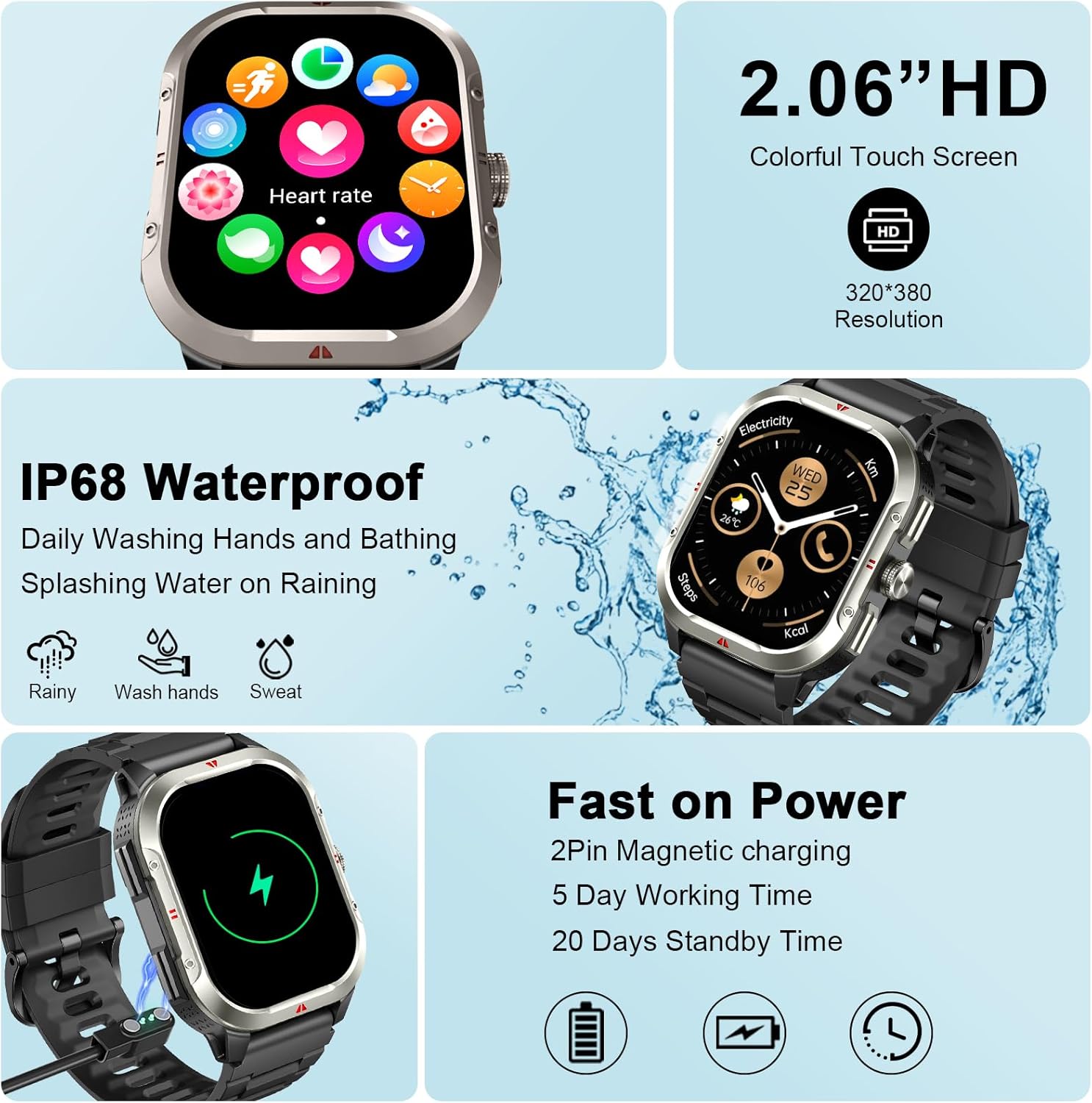 Military Smart Watches for Men Built-in GPS, 2.06" Smart Watch with Answer/Make Calls, Fitness Trackers with Heart Rate/Sleep/Blood Pressure/100+ Sport Modes, IP68 Waterproof Watch iOS Android(Black) - Image 4