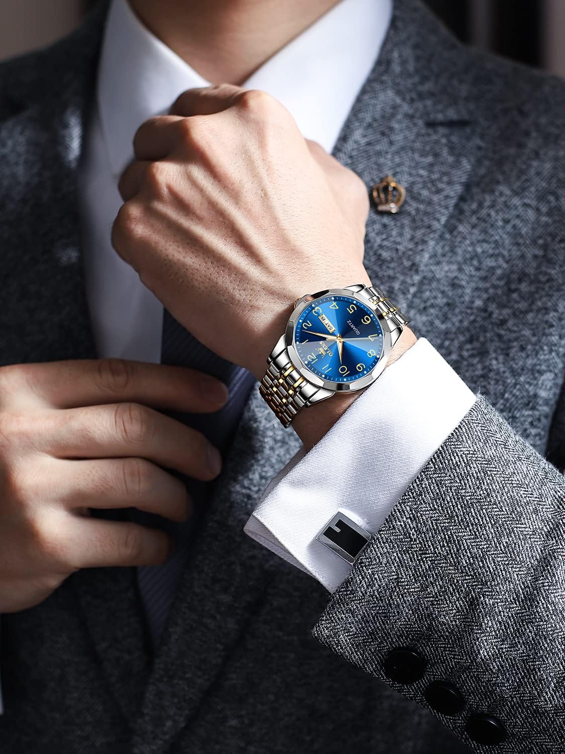 OLEVS Watch for Men Luxury Dress Analog Quartz Stainless Steel Waterproof Luminous Date Diamond Business Two Tone Casual Wrist Watch - Image 3