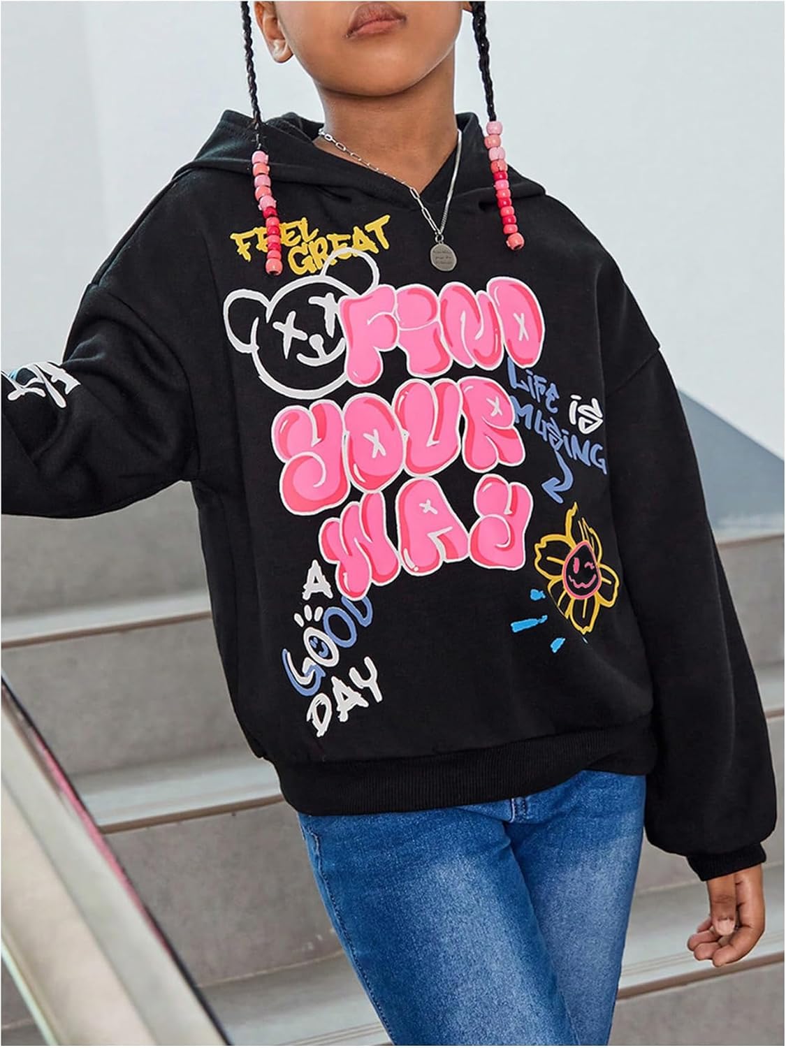WDIRARA Girl's Cartoon Letter Graphic Hoodie Drop Shoulder Long Sleeve Pullover Sweatshirt - Image 4