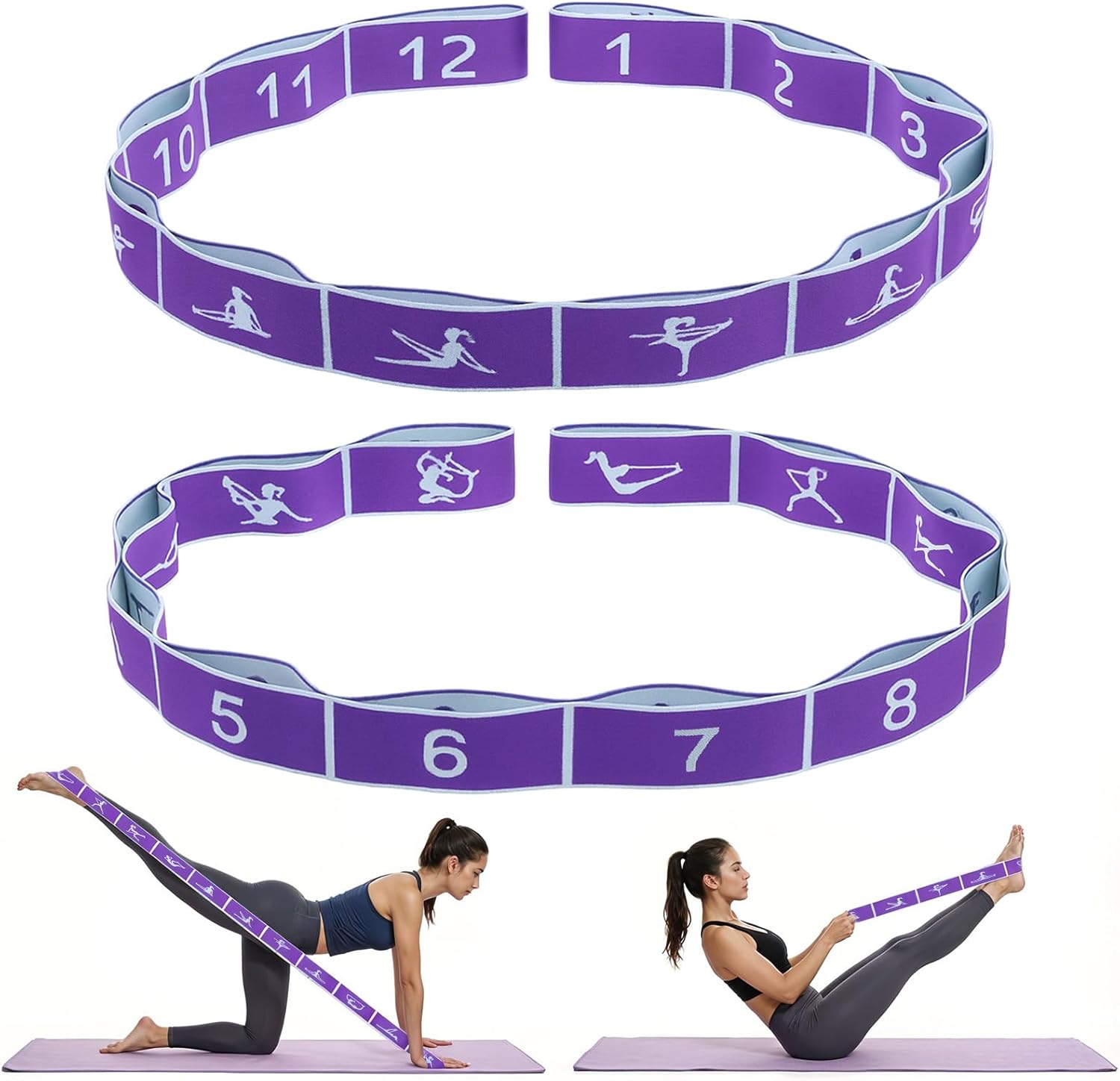 2pcs Yoga Straps for Stretching 12 Gears Elastic Bands for Exercise Stretch Band with Loops for Pilates, Yoga, Ballet, Gymnastics for Women Men, Improves Body Flexibility
