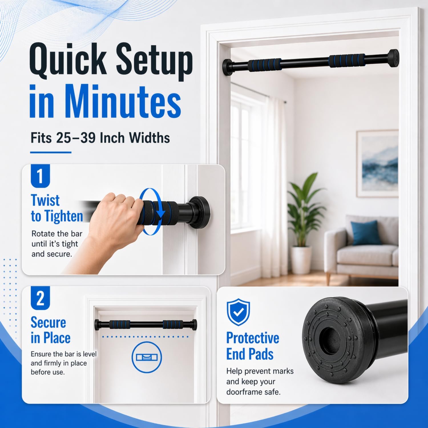 Pull Up Bar for Doorway, Adjustable Door Frame Pull Up Bar with 330 lbs Capacity, No Screw Chin Up Bar for Home Gym Strength Training, Fits 25"–39" Door Frames and Walls - Image 3