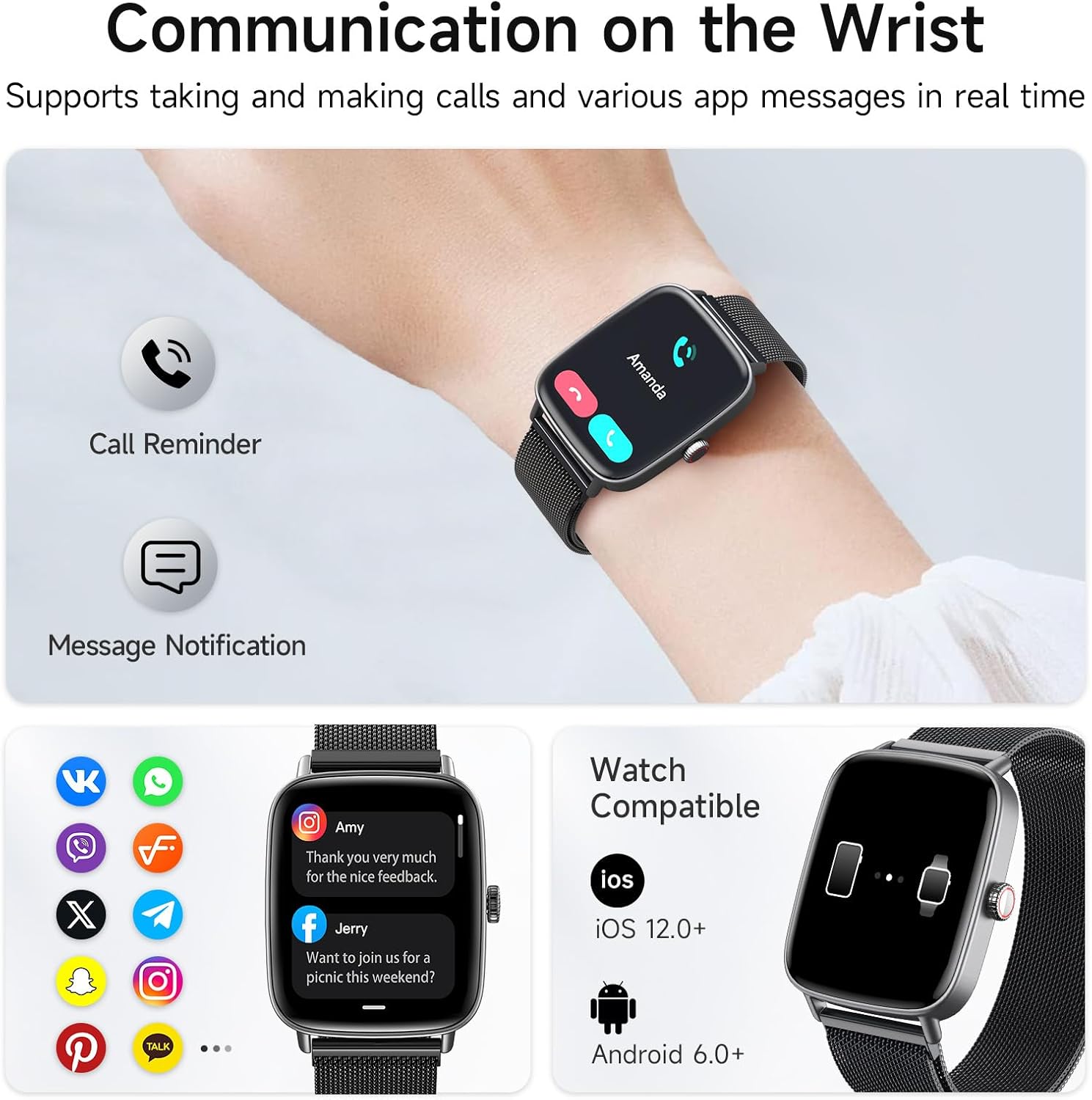 Smart Watch for Women, 1.85" HD Smartwatch Compatible iPhone/Samsung/Android (Answer/Make Calls), 100+ Sport Modes Fitness Tracker with Heart Rate/Sleep/SpO2 Monitor, IP68 Waterproof, Metal Band - Image 2