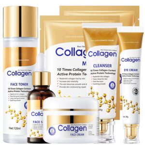Collagen Skin Care Set, 6Pcs Face Care Sets for Older Women, Firming Skin, Shrink Pores, Smooth Wrinkles, Hydrating Skin Care Set Include Serum Face Cream Eye Cream Toner Cleanser Facial Mask1