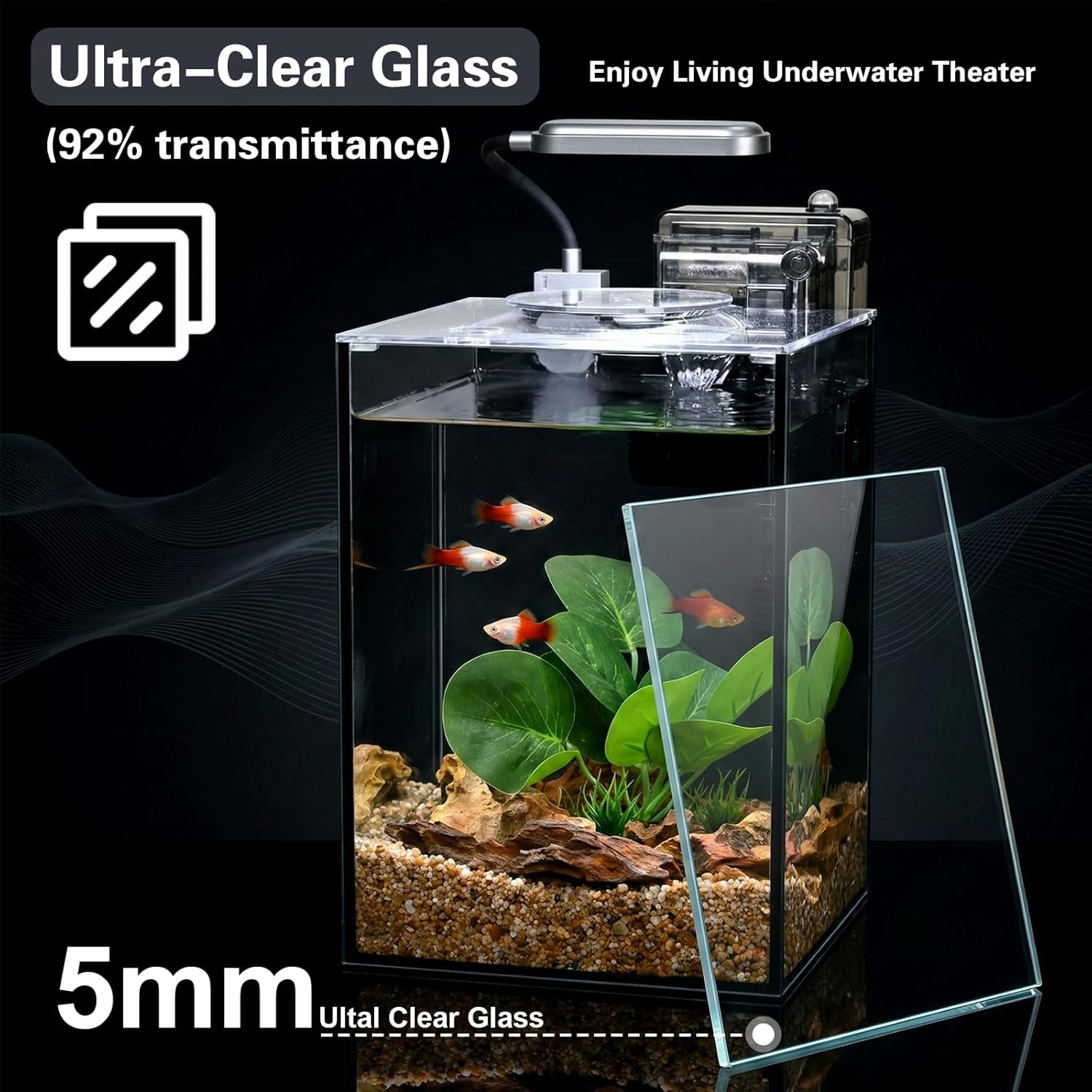 2.2 Gallon Small Aquarium Set Glass Fish Tank,Desktop Small Aquarium Kit for Beginners and Children to Keep Betta Fish, Goldfish, Shrimp, and Aquatic Plants (Black, 2.2 Gallon (Complete Kit)) - Image 7