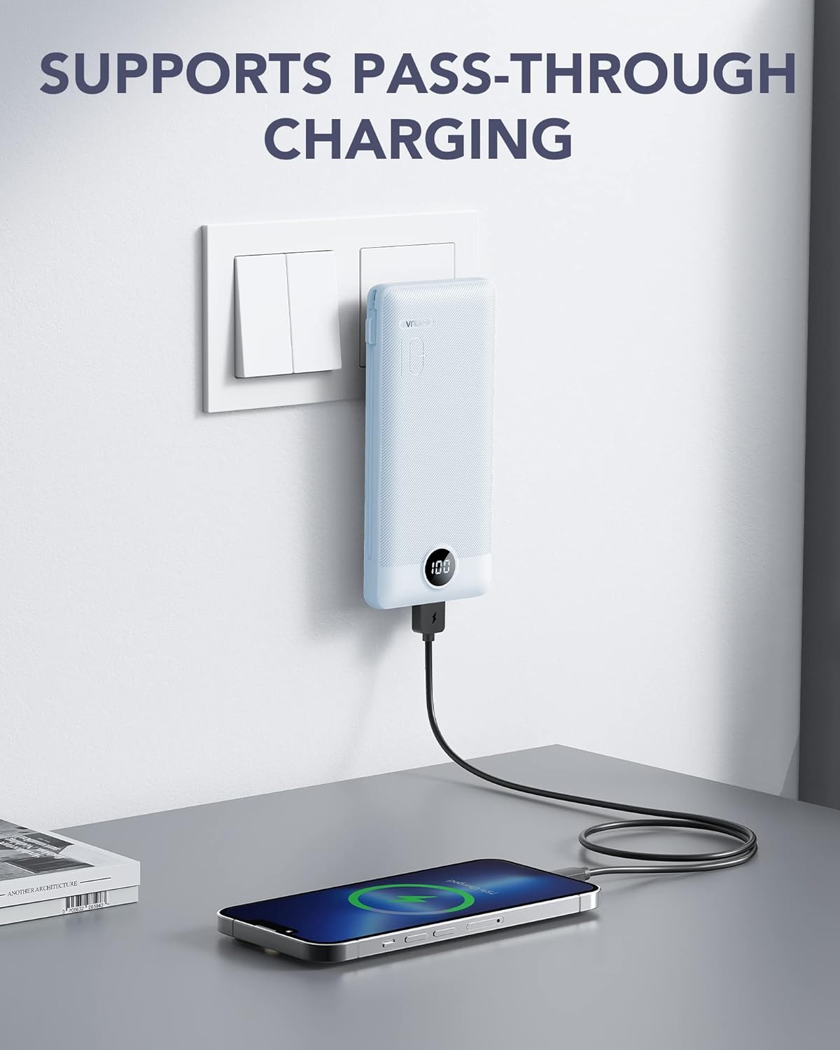 VRURC Portable Charger Built-in Cables and AC Wall Plug, USB C Power Bank 10000mAh, Travel Essentials Phone Charger Compact Lightweight External Battery Pack for Smart Phones, Tablets etc-Blue - Image 2