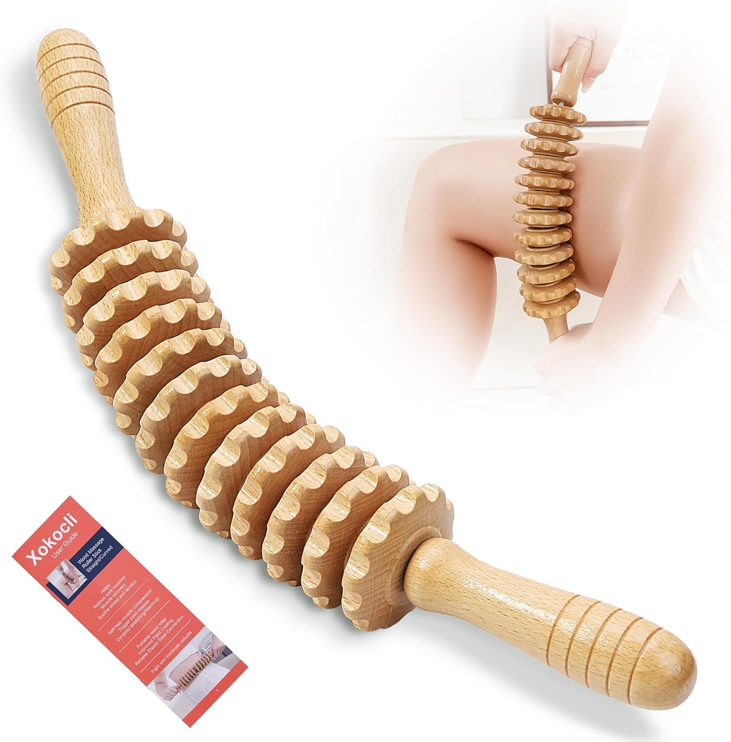 Xokocli Cellulite Massage Tool Wood Therapy Massage Tools Body Roller Cellulite Roller Fascia Blaster Lymphatic Drainage Massager for Legs Thighs Muscle Pain Relief(White 12-Wheel)