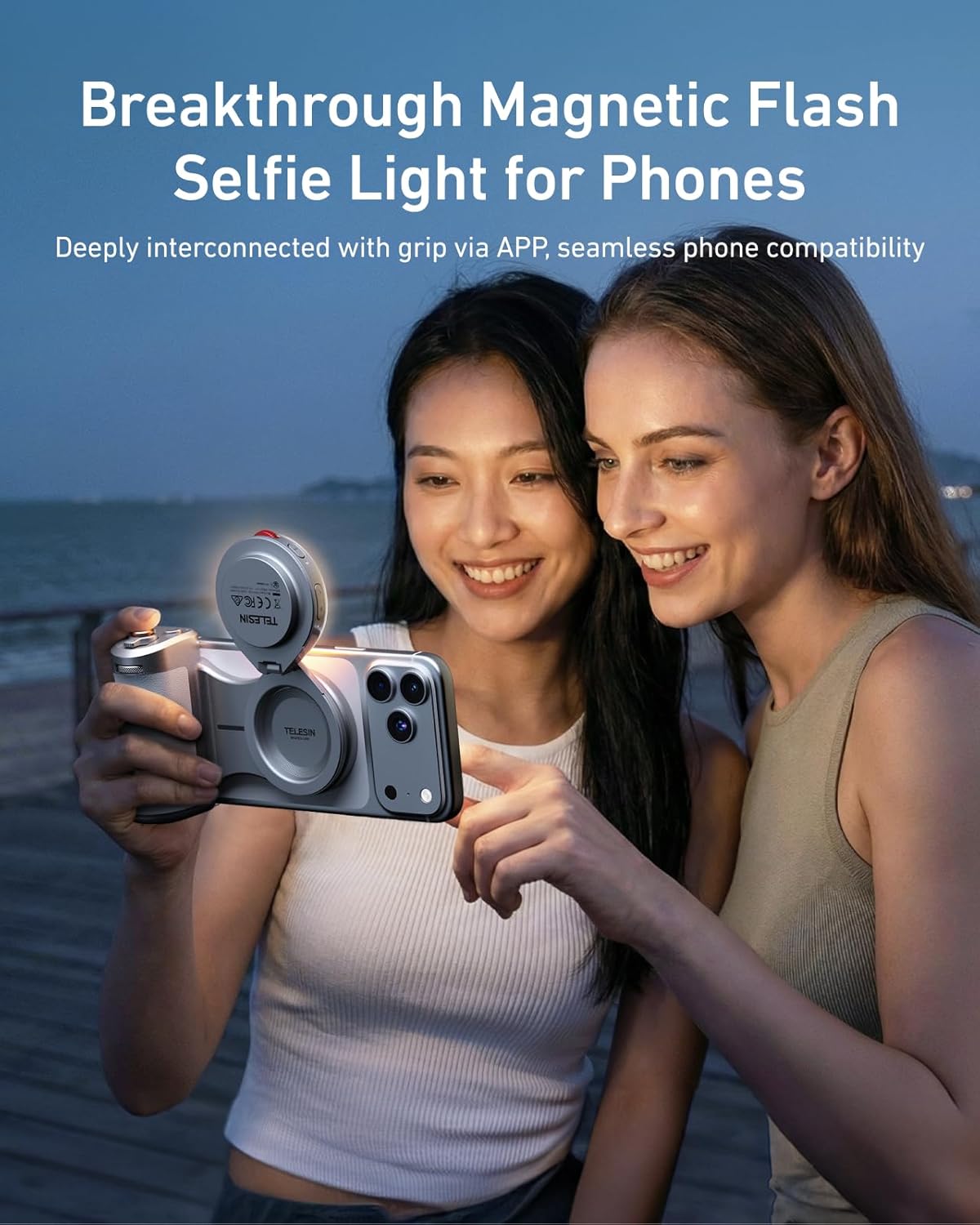 TELESIN Pro Shot Imaging Grip + Beauty Selfie Flash Light Bundle Kit | DSLR Style Feel, Ergonomic Grip, Strong Magnetic Hold | MagSafe Creator Kit for iPhone & Android | for Selfie, YouTube, Zoom Call - Image 3