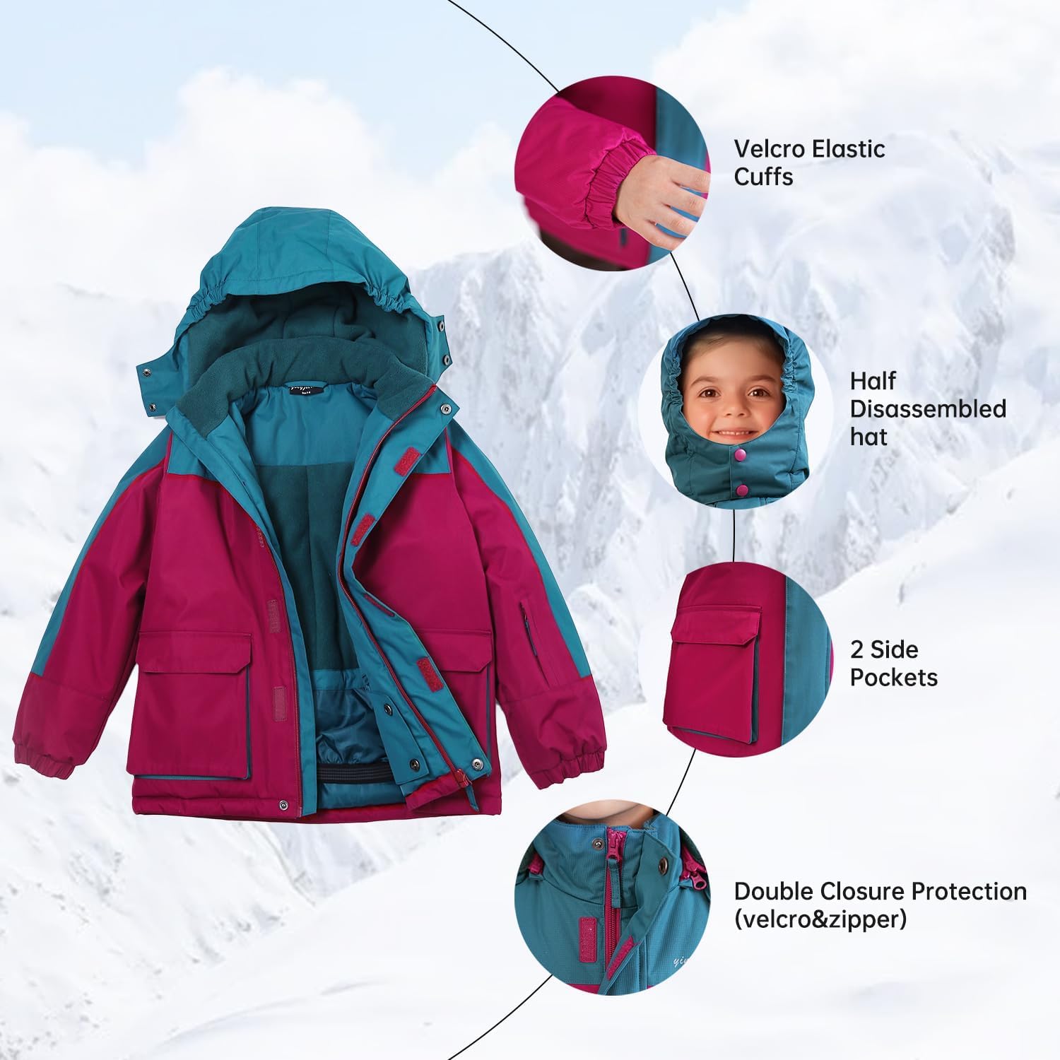 Girls Waterproof Winter Snow Coat, Kids Ski Snow Jacket for Girls, Warm Fleece Lined Winter Jacket with Hood - Image 3