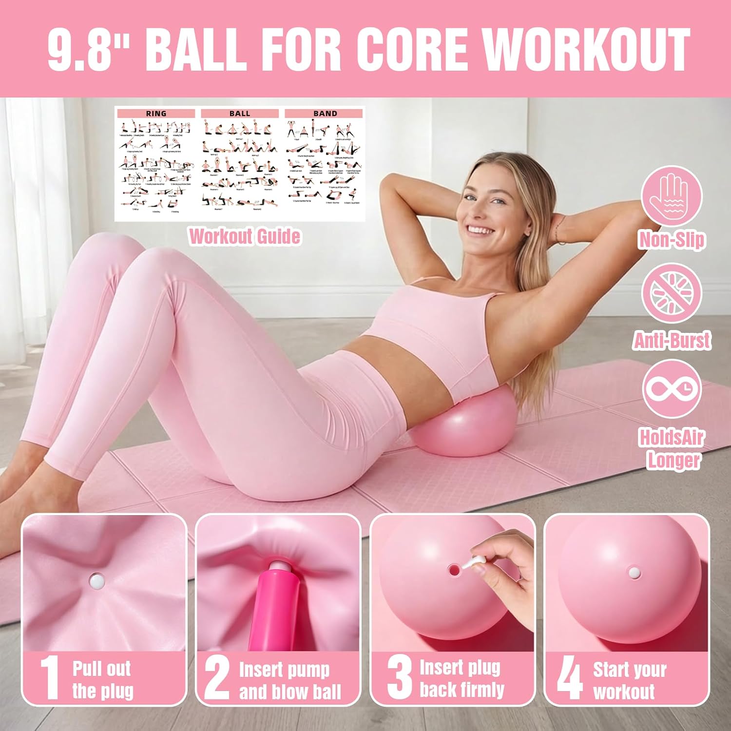 Pilates Kit with Foldable Pilates Mat,Portable Home Pilates Kit Workout,Lightweight Pilates Set for Travel & Small Spaces,14.5" Pilates Ring and Ball,Resistance Bands & Core Sliders,Gift for Mom,Pink - Image 6