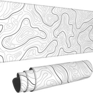 Abstract Topographic Map White Grey Black Gaming Mouse Pad Long Mouse Pad Large Desk Mat 31.5 X 11.8 Inch Mousepad with Non-Slip Base Stitched Edge Keyboard Mat for Gaming Office