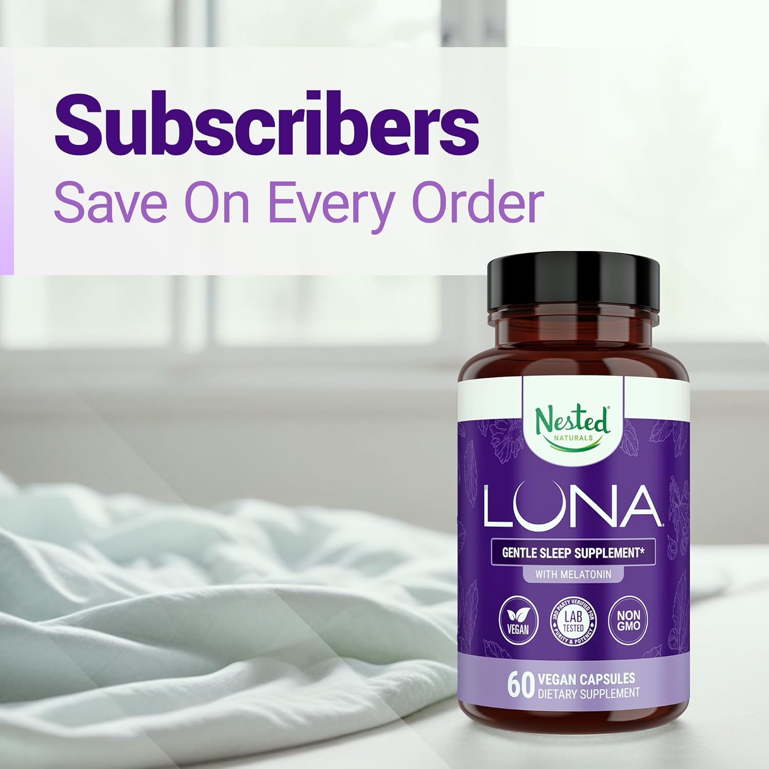 Nested Naturals Luna Sleep Aid - Non-Habit Forming Natural Sleeping Pills for Adults with Naturally Sourced Ingredients - Valerian Root, Melatonin, Chamomile, Lemon Balm, & More - 60 Vegan Capsules - Image 8