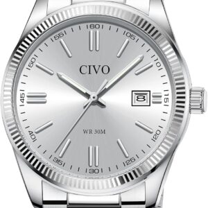 CIVO Analog Mens Watches Silver: Wrist Watches with Date Easy to Read – Dress Stainless Steel Watch for Men Gifts for Husband Father at Birthday Anniversary
