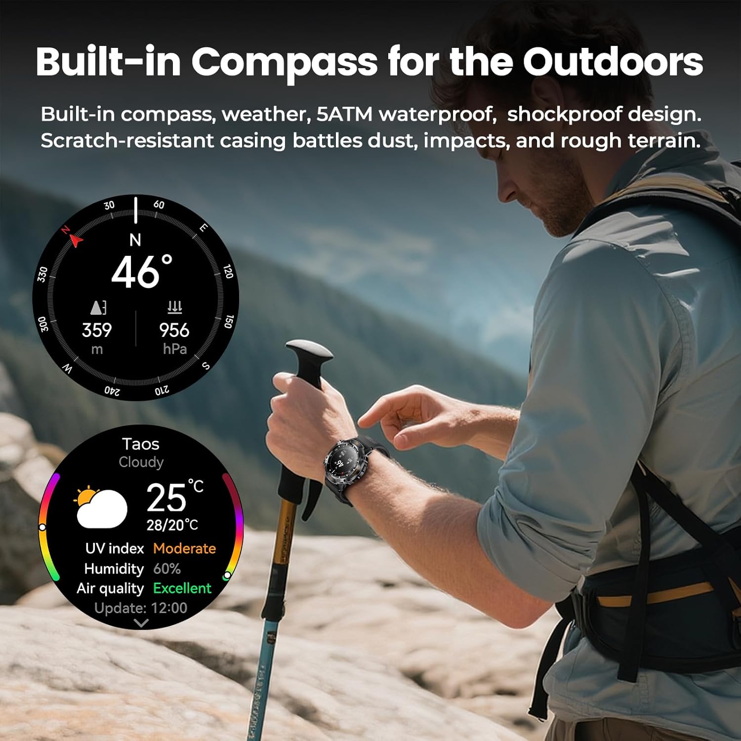 WalkerFit Outdoor Smart Watch for Men, 1.43" AMOLED Black Silicone Band, 5ATM Waterproof for Hiking Climbing Trail Run Swim, 170+ Sports, Compass Heart Rate SpO2, Adventure Watch for iPhone Android - Image 3