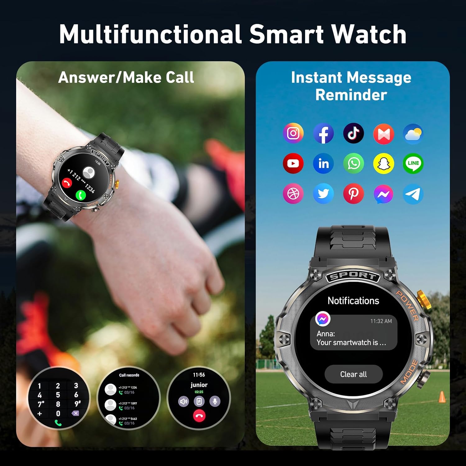 Military Smart Watch for Men 1,43" HD AMOLED Display(Answer/Make Call) 420mAh Battery Smart Watches IP68 Waterproof for Android/iOS 100+Sports Modes/Heart Rate/Sleep Silver - Image 4