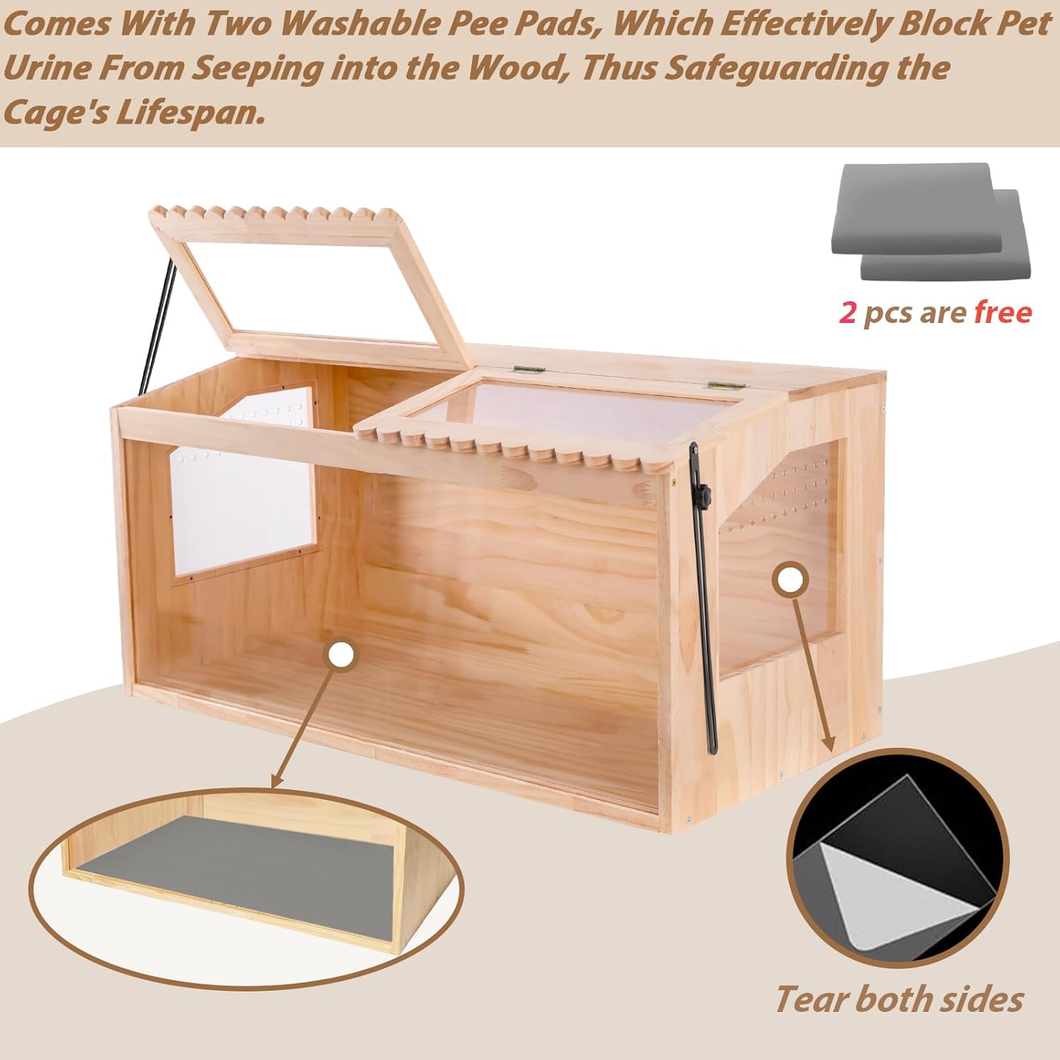 Wooden Hamster Cage,32"x16"Large Hamster Cage,2 Washable Liners & 2 Adjustable Ventilation Window. Small Animal Cage for Dwarf Syrian Hamsters Degus Mice & Other Small Pets. - Image 5