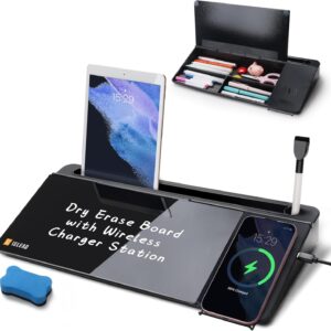 SELEAD Desktop Glass Whiteboard with Wireless Charger Station, Dry Erase Board Computer Pad Keyboard Stand with Organizer for Home, School, Office Desk Accessories, Black