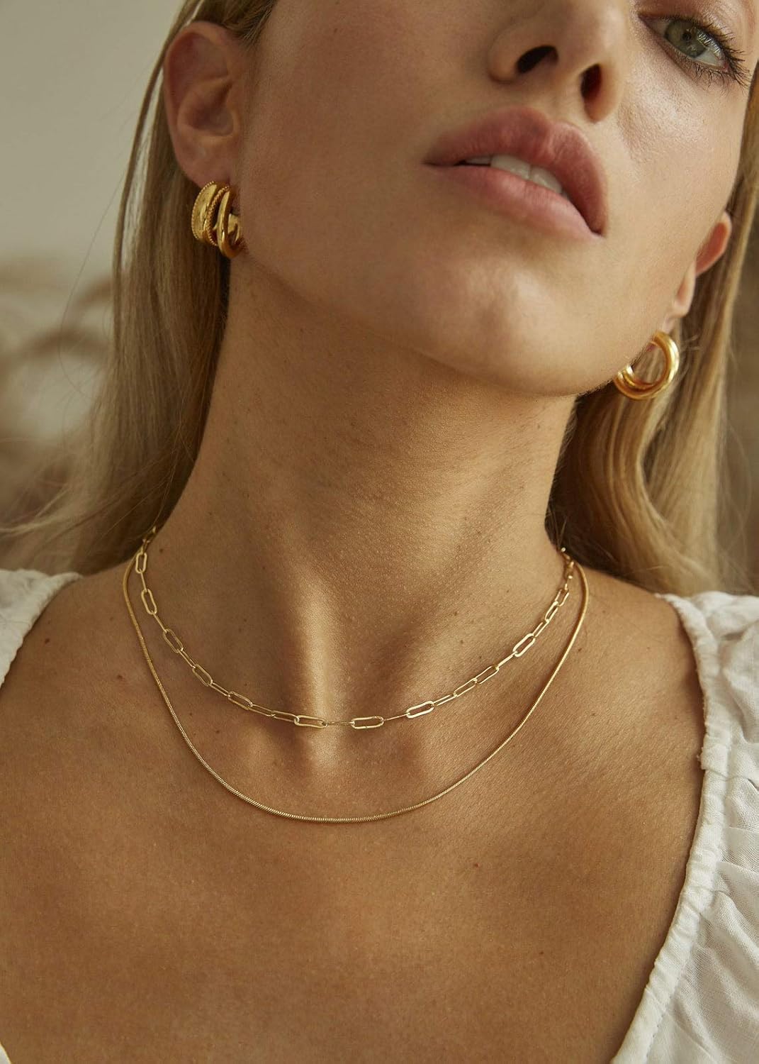 BOUTIQUELOVIN 14K Gold Plated Dainty Rectangle Paperclip Link Chain Necklace Bracelet Set for Women Jewelry Long Lasting Color - Image 2