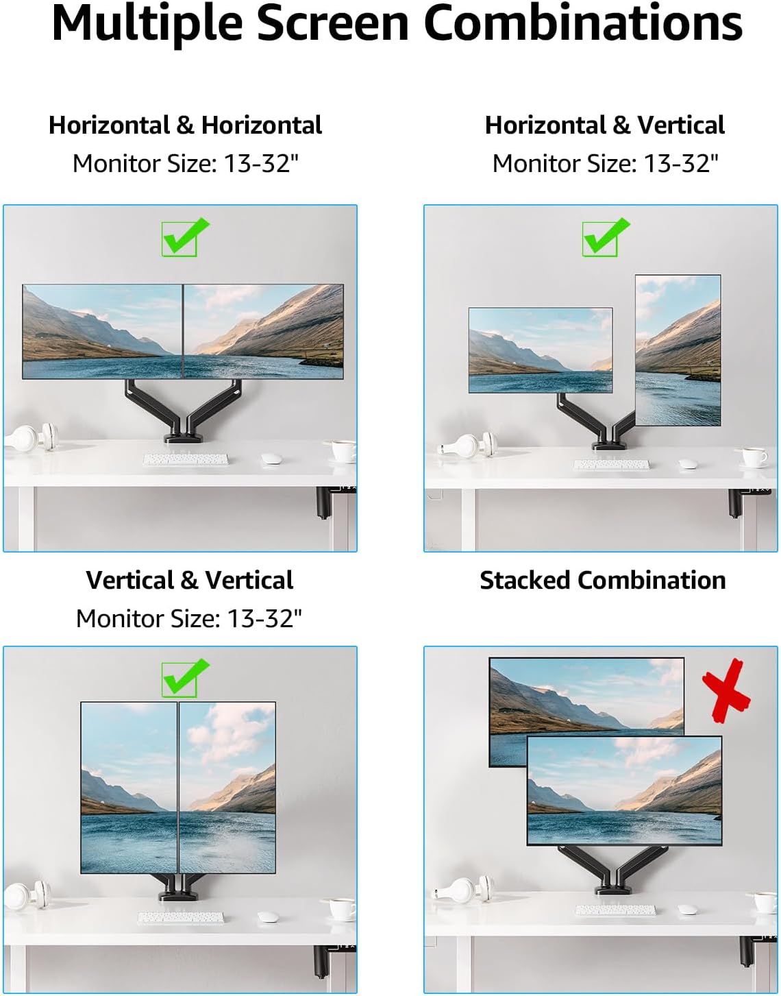MOUNTUP Dual Monitor Stand for Desk, Monitor Arms for 2 Monitors 32 27 24 22 Inches, Height Adjustable Double Monitor Mount, VESA Mount with C-Clamp & Grommet Base, Holds 4.4-17.6lbs - Image 9