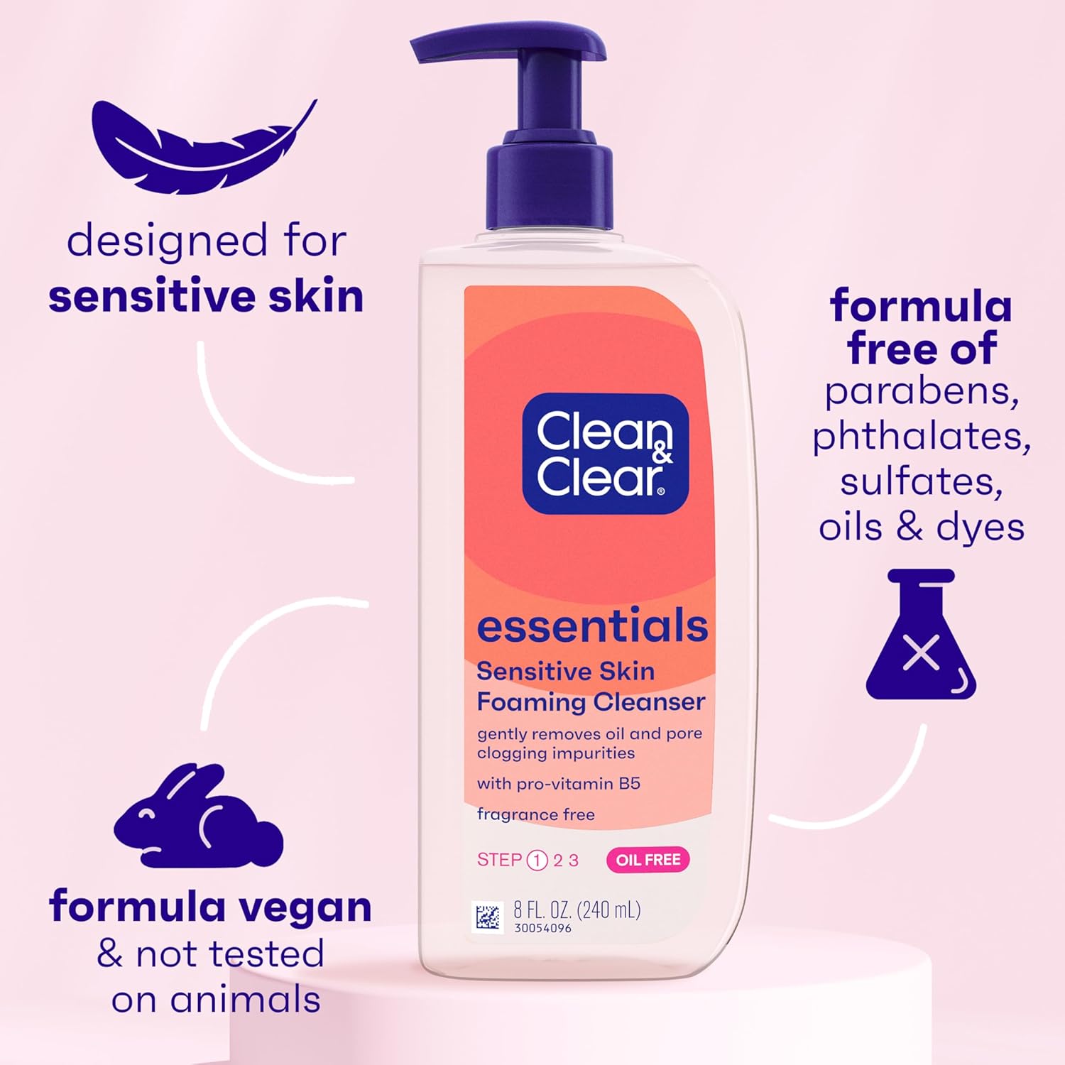 Clean & Clear Essentials Oil-Free Foaming Facial Cleanser, Daily Foaming Face Wash with Pro-Vitamin B5 for Sensitive Skin, Gently Removes Oil & Pore-Clogging Impurities, Fragrance-Free, 8 fl oz - Image 3