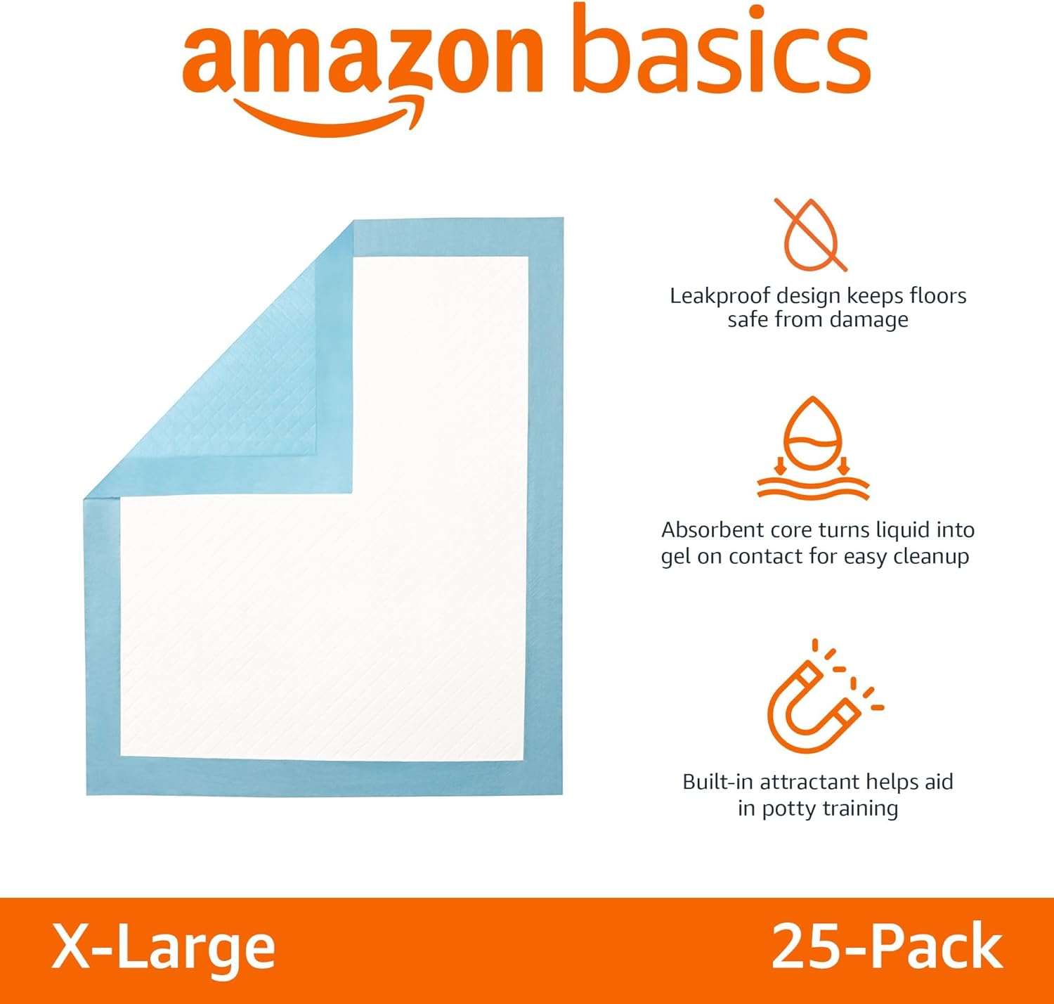 Amazon Basics Super Absorbent Dog and Puppy Potty Pads, Leak-Proof 5-Layer Design with Quick-Dry Surface for Housebreaking, Heavy Duty Absorbency, X-Large, 28 x 34 Inch, Blue & White, 25-Pack - Image 2