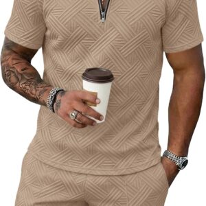 Runcati Mens Summer Track Suits Short Sleeve 1/4 Zip Golf Polo Shirts 2 Piece Shorts Sets Casual Textured Sweatsuit Outfits