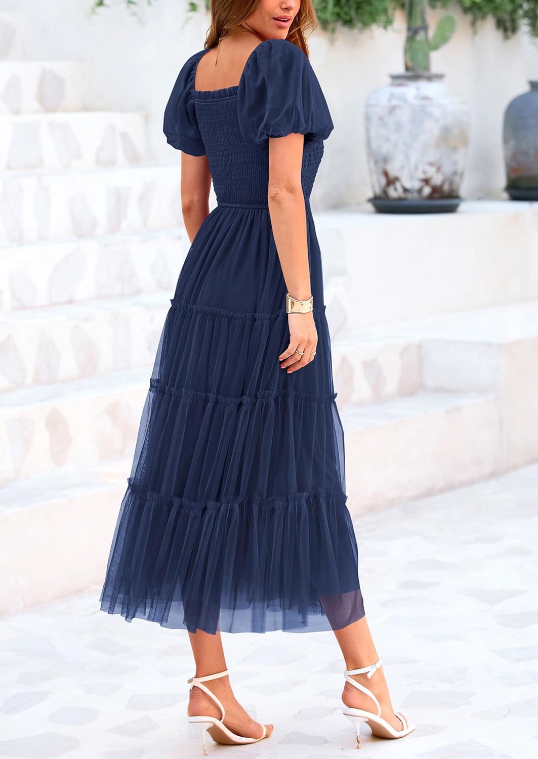 PRETTYGARDEN Women's Smocked Midi Tulle Dress 2026 Summer Puffy Short Sleeve Square Neck Ruffle Wedding Guest Party Dresses - Image 7