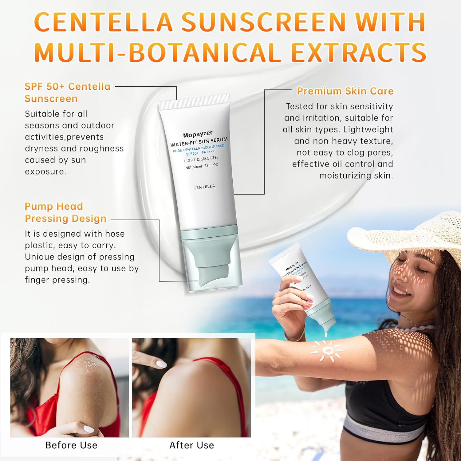 Centella Sunscreen SPF 50, Hyalu Cica Sunscreen for Face, Water Resistant Strong UV Protection No White Cast, Madagascar Face Sun Screen Oil Free, Water Fit Sun Serum(Blue 1) - Image 6