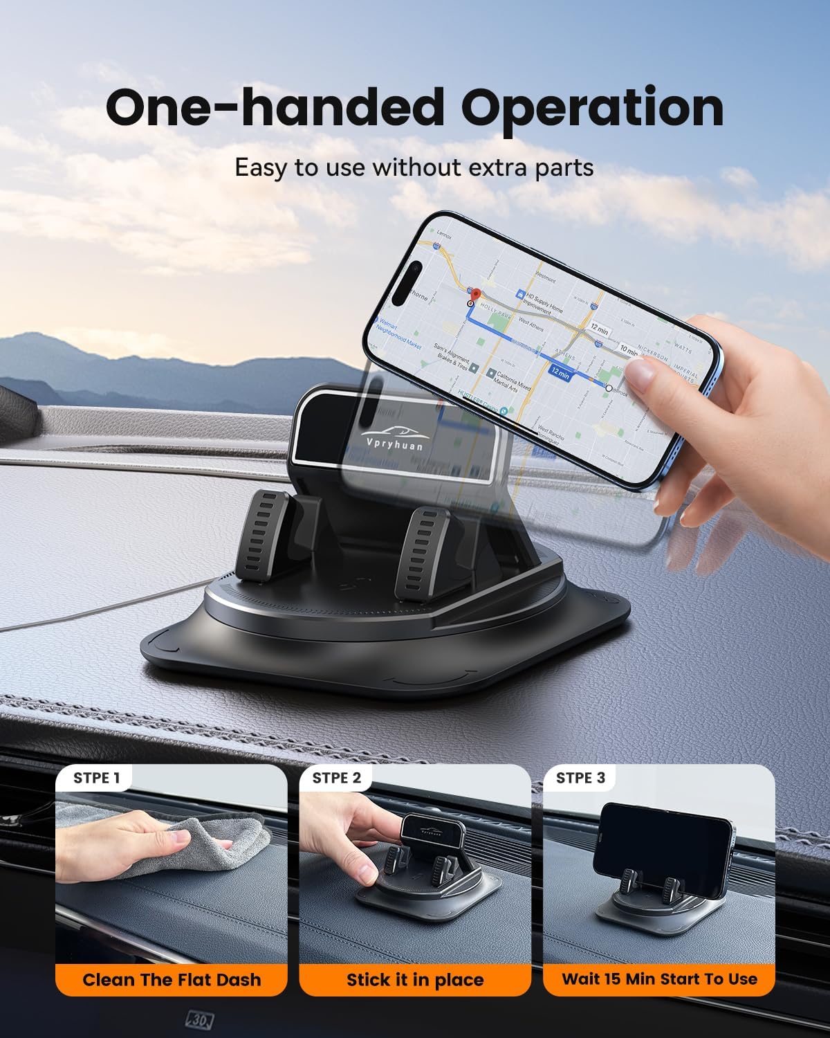 360 Degree Rotation Dashboard Phone Holder for Car, Anti-Slip Grips & One-Hand Operation Car Cell Phone Mount with Adjustable Spring Clip, Compatible with iPhone Samsung All Smartphones - Image 4