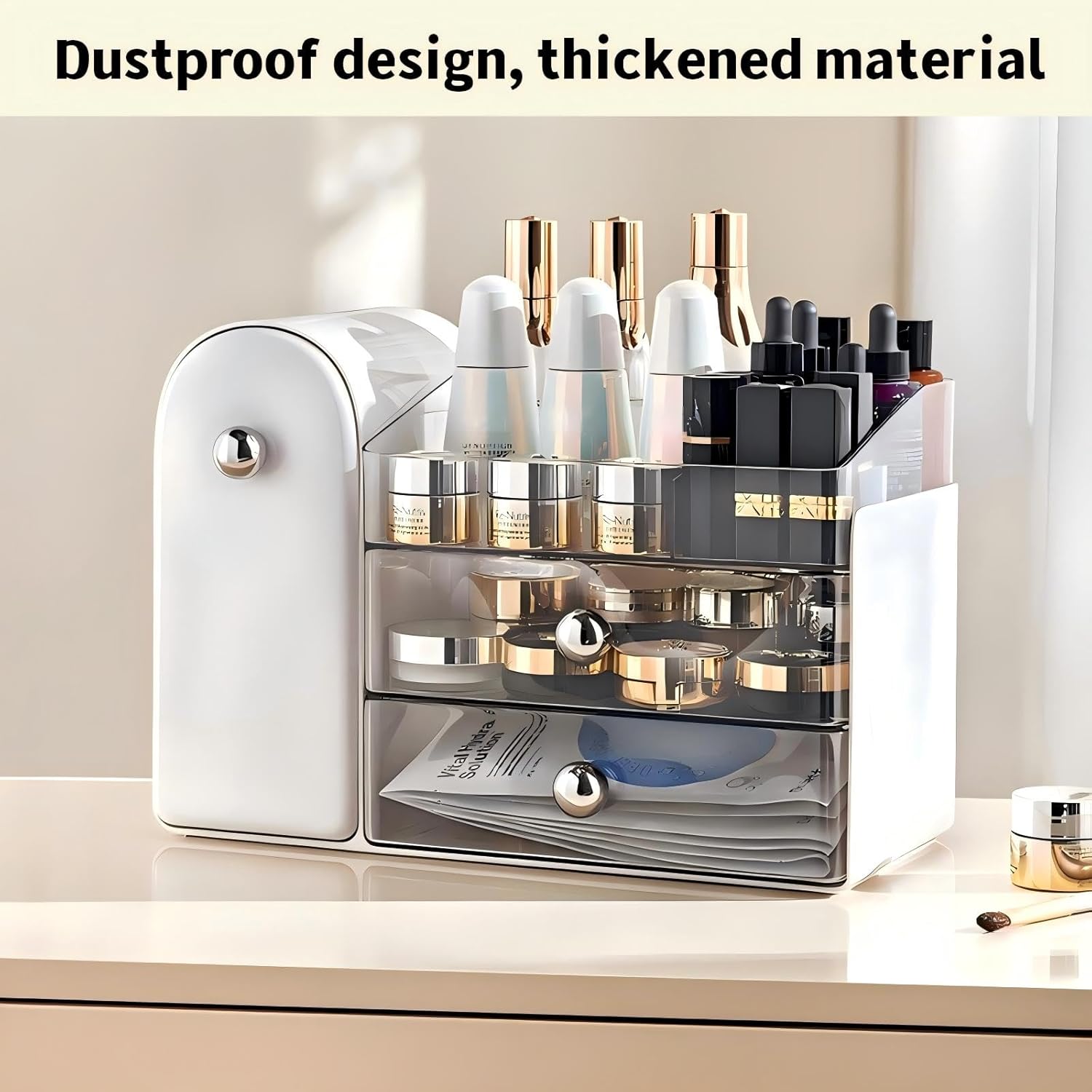 Makeup Organizer for Vanity with Covered Brush Holder,Bathroom Organizers with Drawer,Skin Care Organizer,Makeup Organizers for Vanity with Drawer,Large Makeup Storage for Dresser, White - Image 6