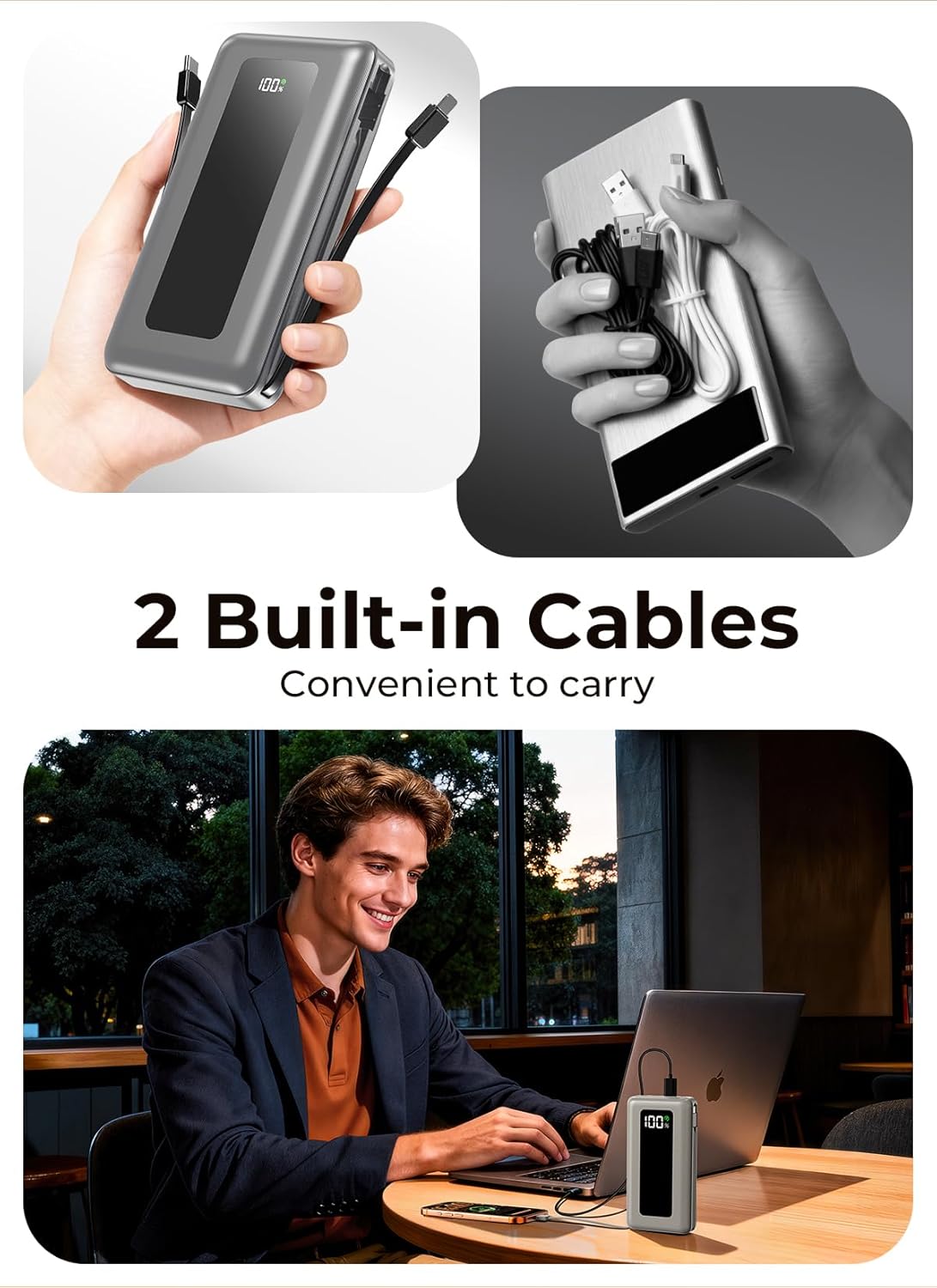 Portable Charger Power Bank, 50000mAh Travel Camping Essential Battery Pack with Built-in Cables, PD 22.5W Fast Charging, Large Capacity Portable Phone Charger for iPhone, Light Grey - Image 4