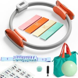 Magic Circle Pilates Equipment Kit with Smart Counter – 14″ Pilates Ring and Ball Set with Yoga Ball, Resistance Bands, Stretching Strap, Massage Ball & Bag for Home Full Body Workouts