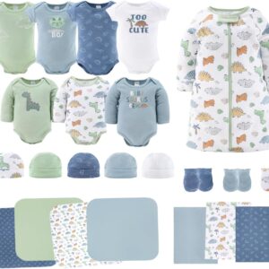 The Peanutshell Newborn Clothes & Accessories Set for Baby Boys | 23 Piece Layette Gift Set | Fits Newborn to 3 Months | Dinosaur, Blue, Green