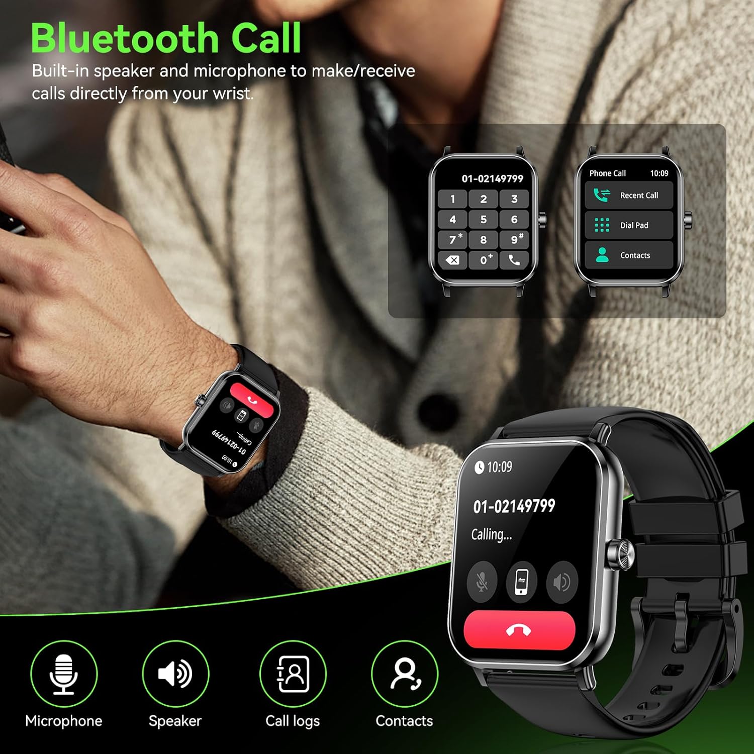 Smart Watch for Men Women, 1.85" HD Fitness Tracker with Bluetooth Calls, 24/7 Heart Rate/Sleep Monitor, 130+ Sport Modes, 5 ATM Waterproof, Pedometer, Calories, Smartwatch for Android iOS (Black) - Image 3