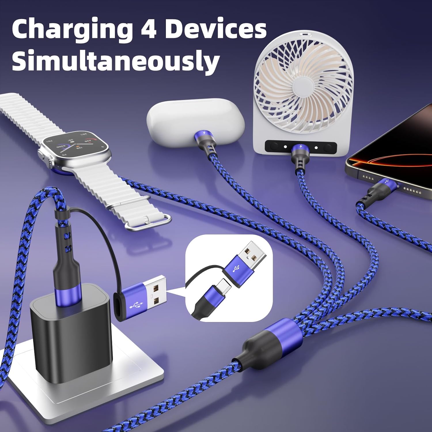 Cruise Travel Essentials 3 Type-C Ports 4 in 2 Multi Charging Cable for iWatch Charger/ iPhone17, USB C Splitter USBA/USBC Cable for iWatch Ultra/SE/11-2, iPhone17-15/S26/Car Charger, More, 5FT Blue - Image 2