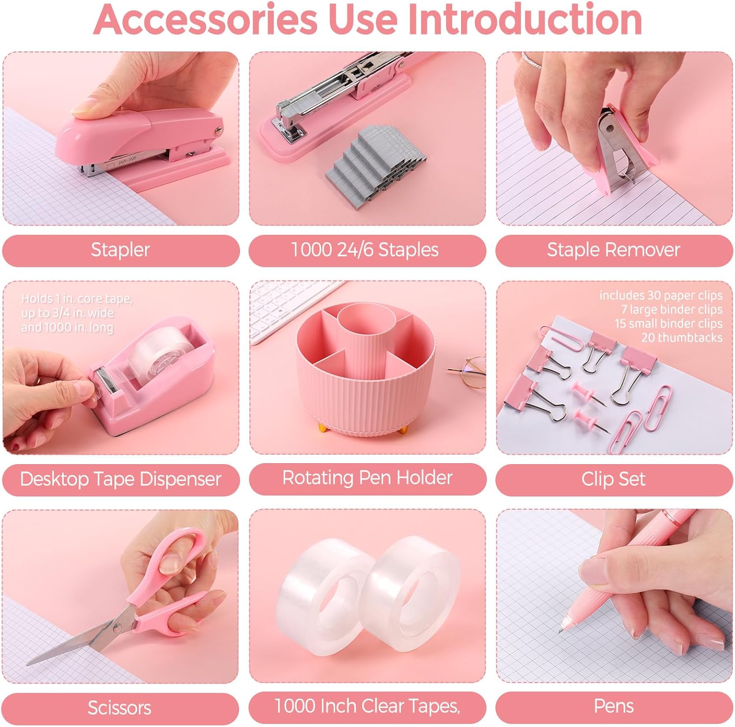 SKYDUE Pink Desk Accessories 10Pcs, Rotating Pen Holder for Desk, Stapler, Staple Remover, Tape Dispenser,2pcs Tape Refills, Binder Paper Clips Kit, Scissor,Pink Office School Supplies - Image 3