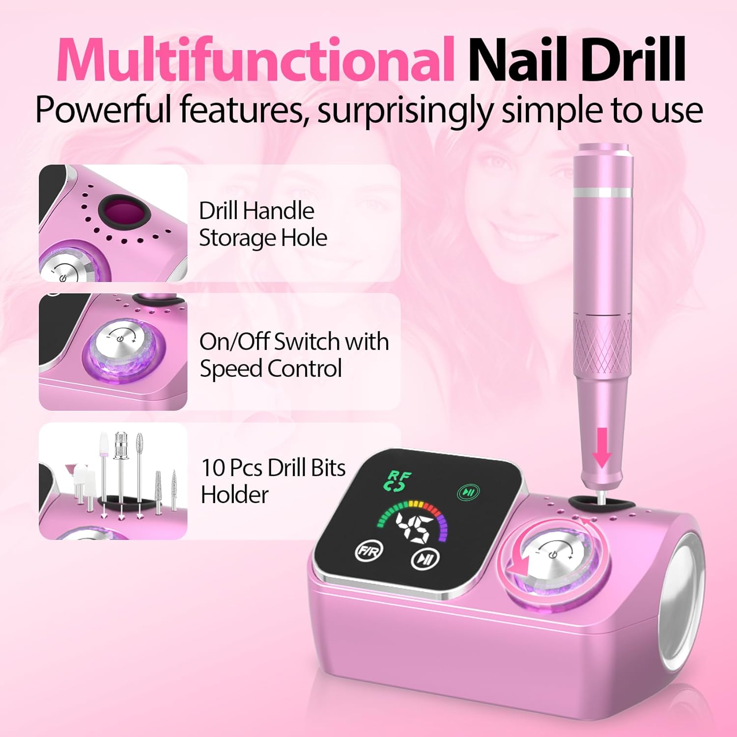 Professional Electric Nail Drill E-File Machine - 45,000 RPM Corded Nail Drills Kit with Low Noise & LED Display for Shaping, Removing & Polishing Acrylic Gel Nails for Salon Home - Image 3
