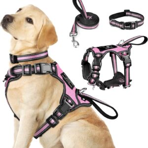 WINSEE Pet Harness Collar and Leash Set, All-in-one Reflective Dog Harness No Pull with Adjustable Buckles for Puppies, Small, Medium, Large, and Extra-Large Dogs (Large, Pink)