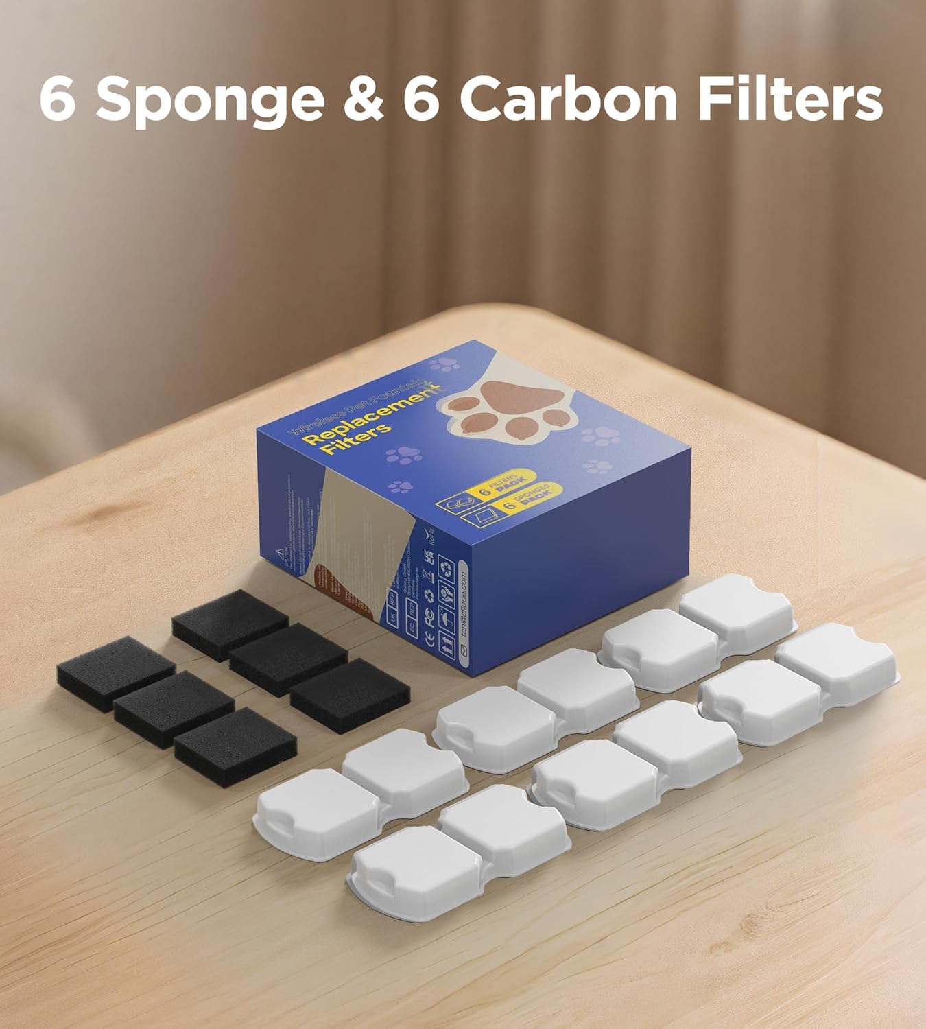 Cat Water Fountain Filter Replacement: 6Pack Pet Fountain Filters of 6 Carbon Filters & 6 Sponges - Use for HOOISE 74oz Automatic Pet Fountain Cat Water Dispenser S15 - Image 6