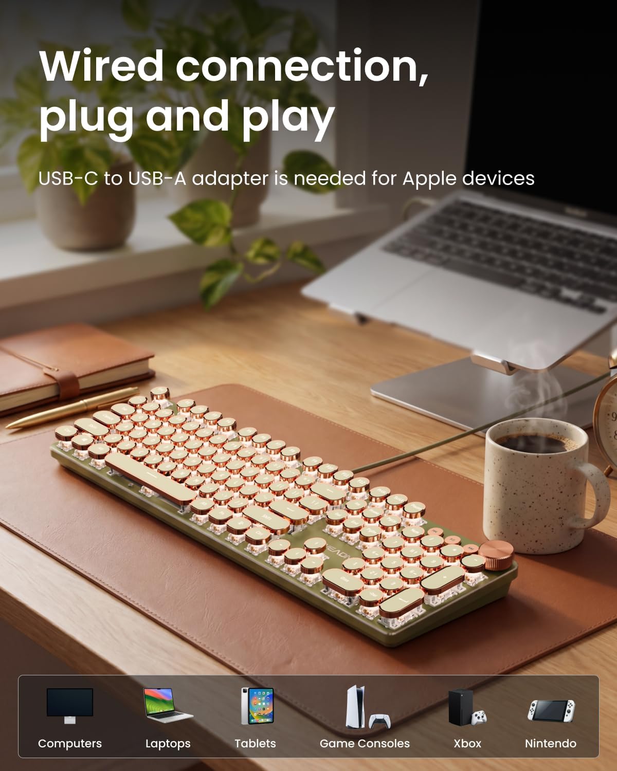 EWEADN Wired Typewriter Mechanical Keyboard, Low Noise Pink Switch Retro Punk Keyboard with Media Knob, White Backlit, Metal Panel, 104-Key Round Keycaps Cute Keyboard for Windows PC - Green - Image 7